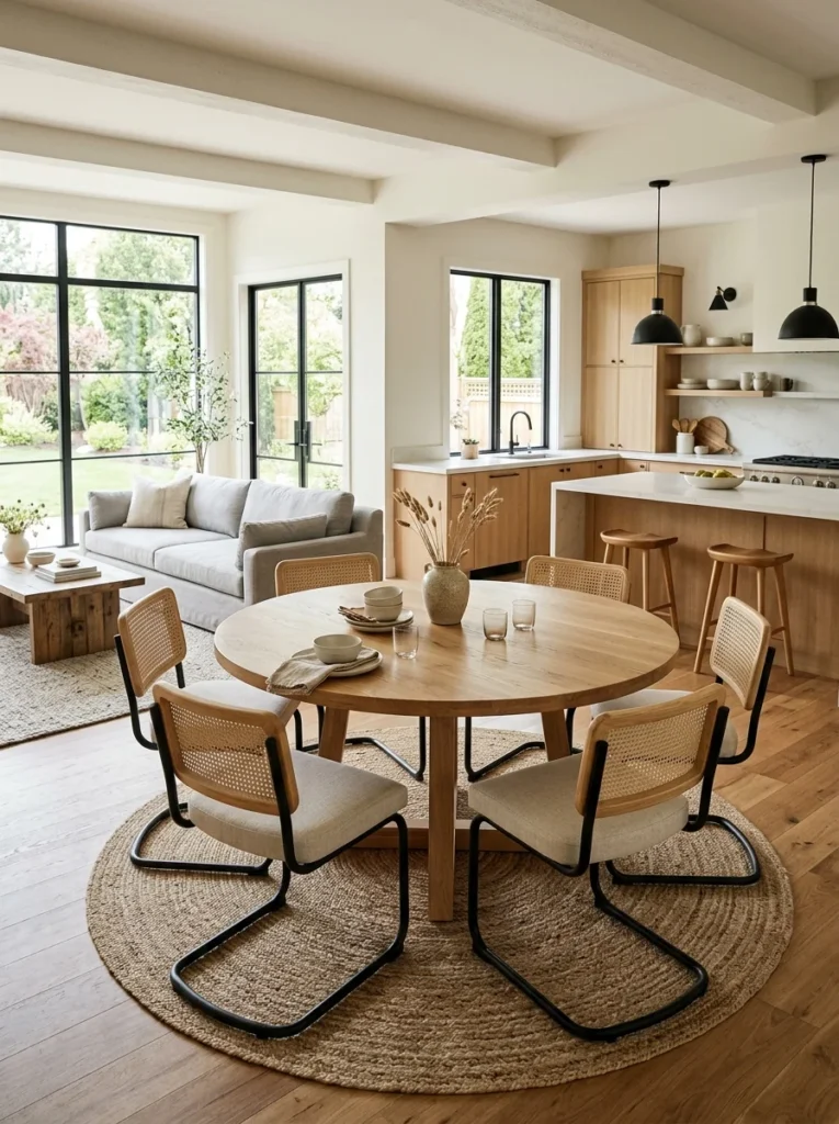Round dining table softening the straight lines of an open-concept living space.