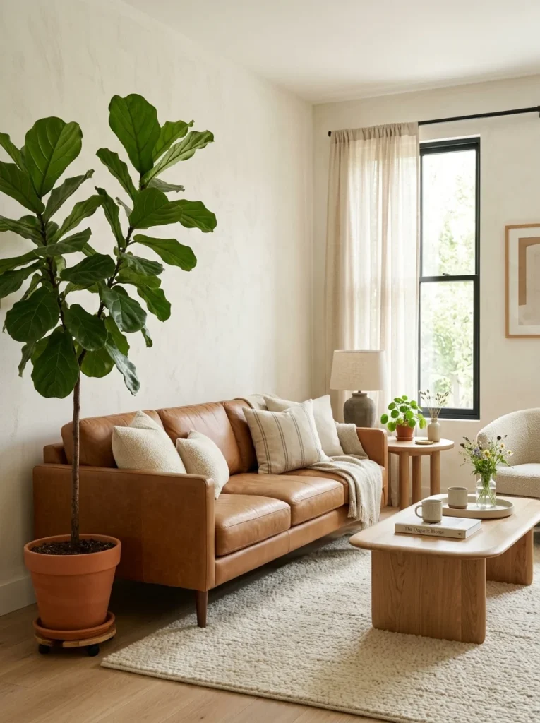 Warm leather sofa styled with a tall leafy indoor plant.