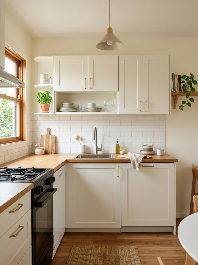 Rental apartment kitchen refreshed with newly painted cabinets.