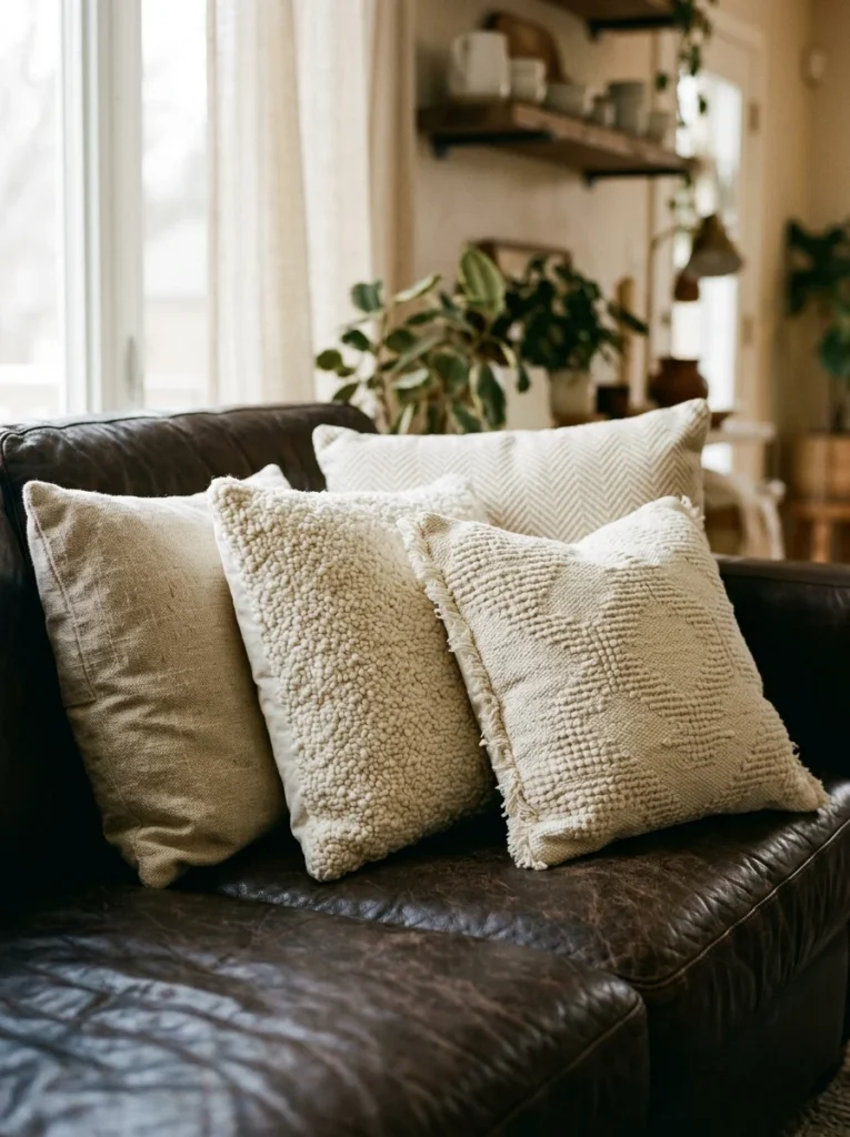 Cream and ivory textured throw pillows adding contrast to a dark brown couch.