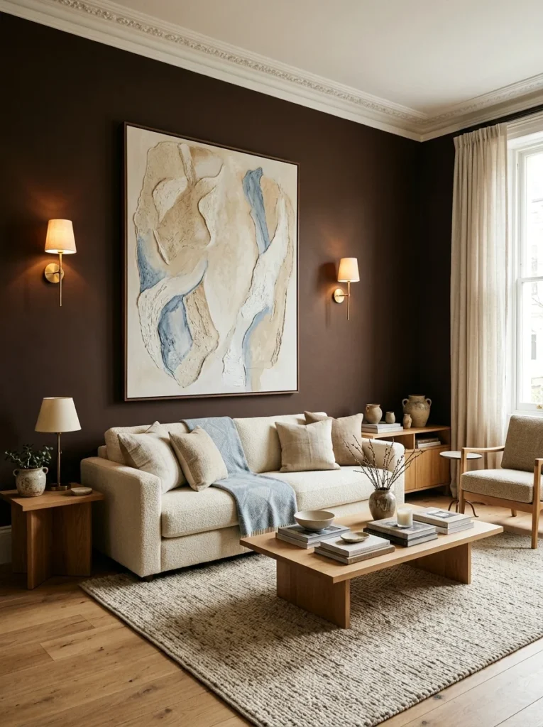Light-colored artwork standing out against chocolate brown walls.