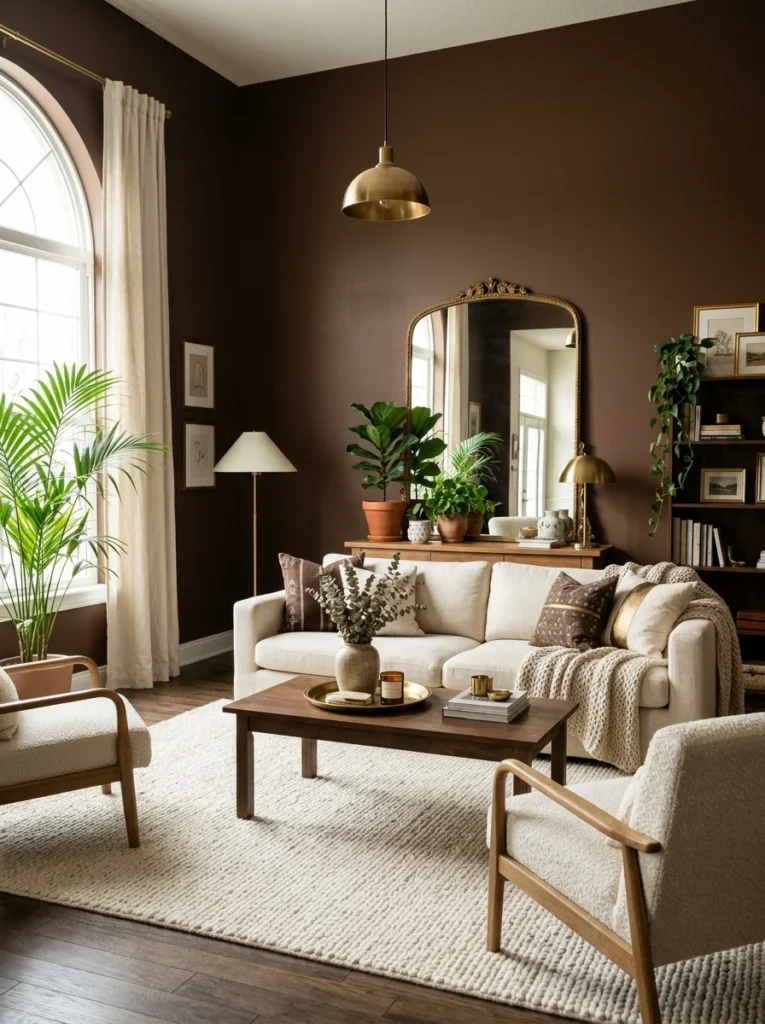 Fully decorated brown living room with balanced lighting and textures.