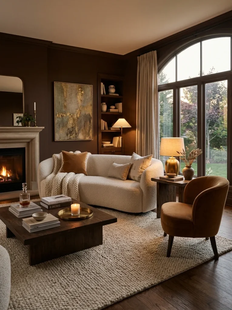 Velvet and boucle textures adding depth to a brown living room.