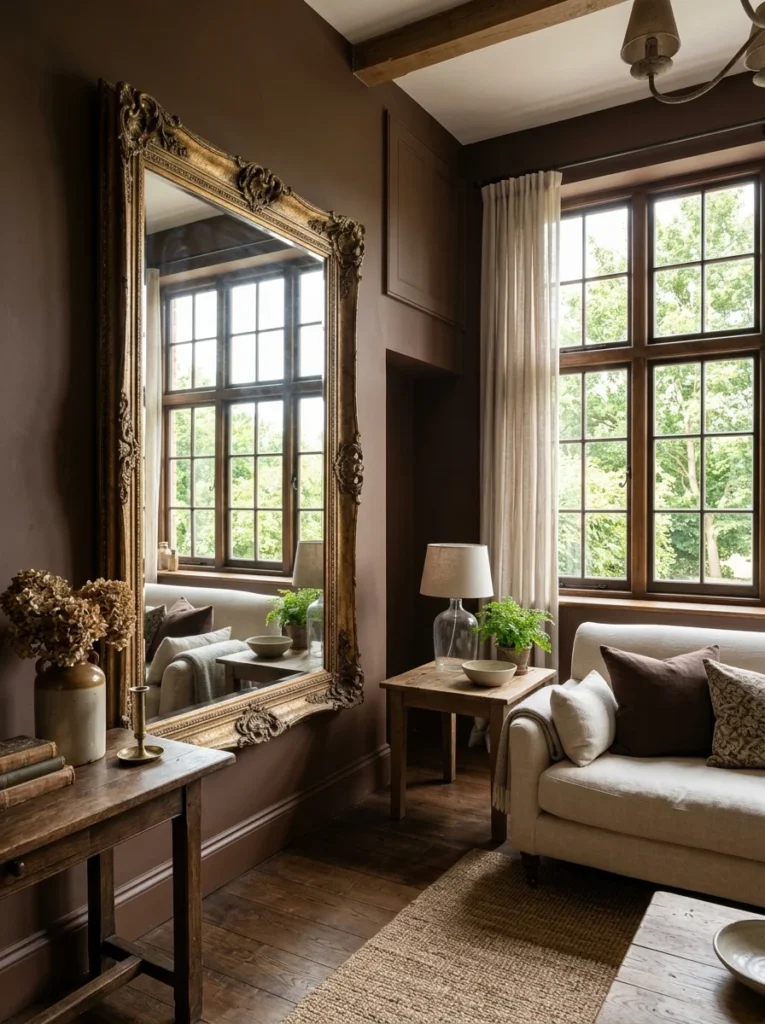Large mirror reflecting natural light in a brown living room.