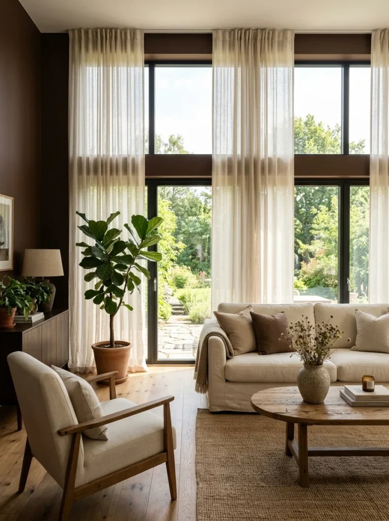 Natural daylight brightening a brown painted living room.