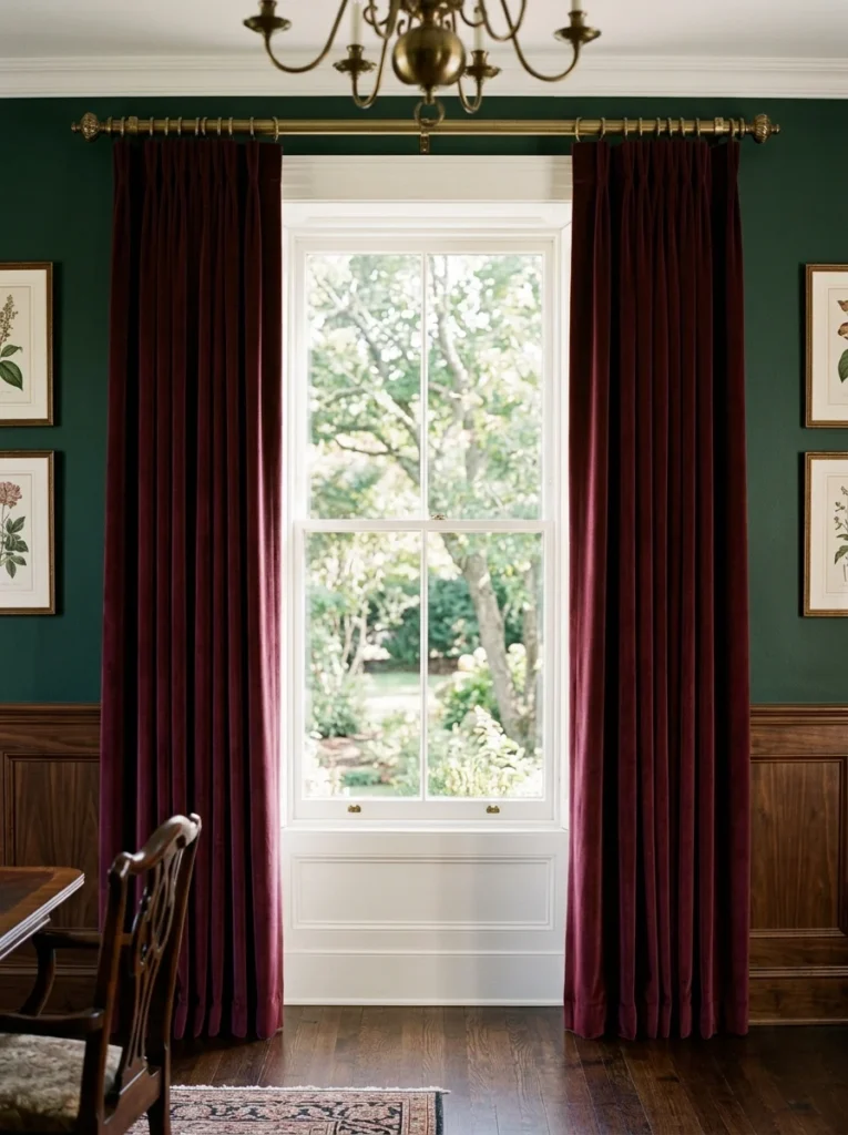 Floor-length burgundy velvet pleated curtains with antique brass hardware in a traditional dining room.