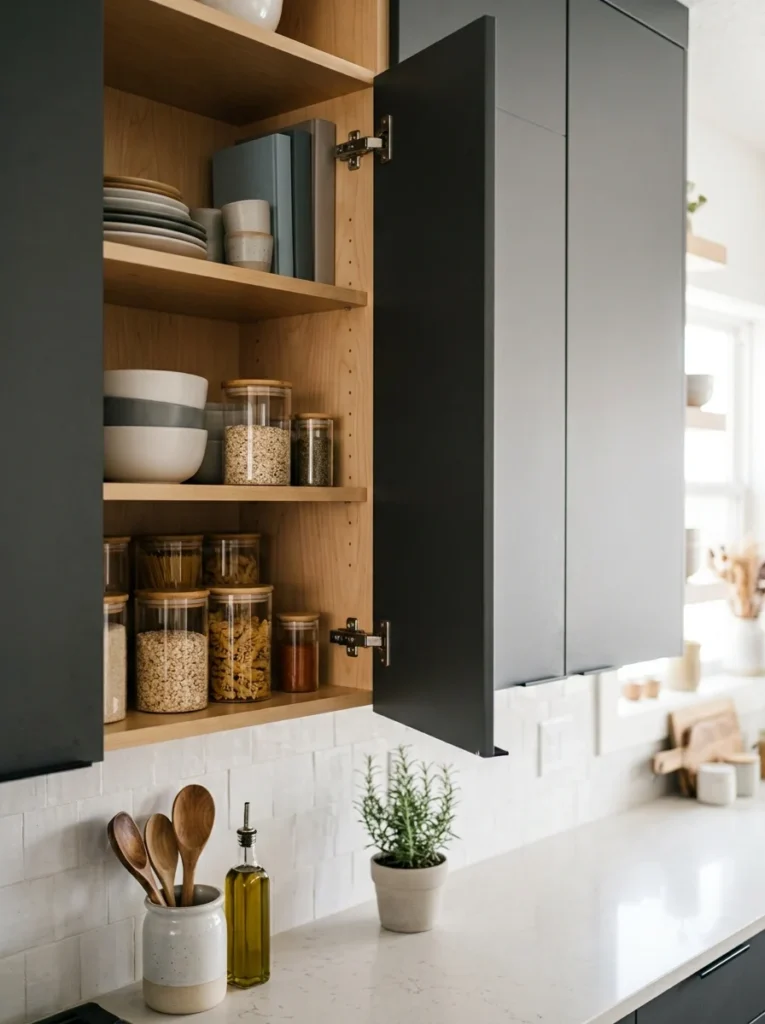 Soft-close kitchen cabinet hinges for smooth operation.