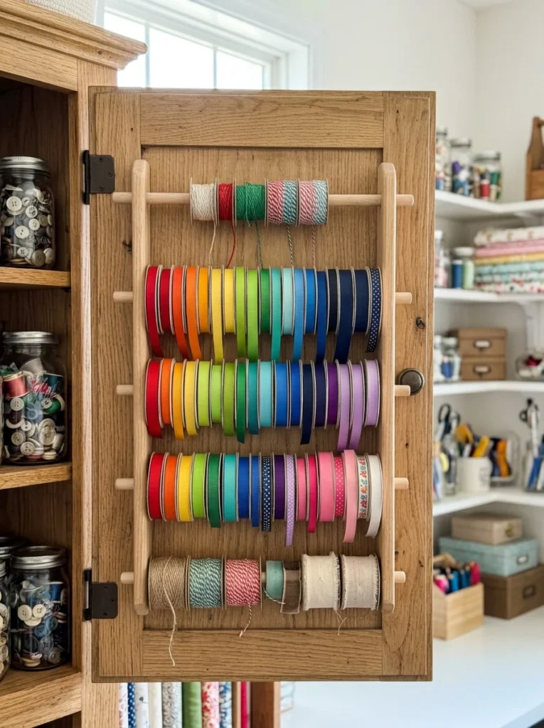 Ribbon and twine storage rack inside a cabinet.