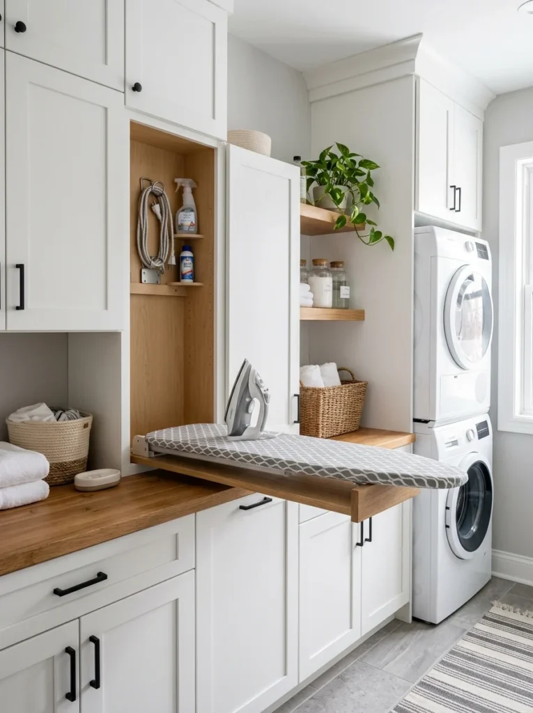 Built-in fold-down ironing station inside a laundry room cabinet.