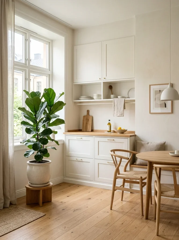 Scandinavian kitchen with one indoor plant used as a simple natural accent.