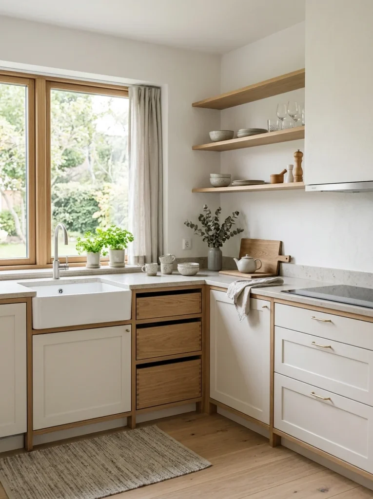 Scandinavian kitchen with a muted white, gray, and natural wood color palette.