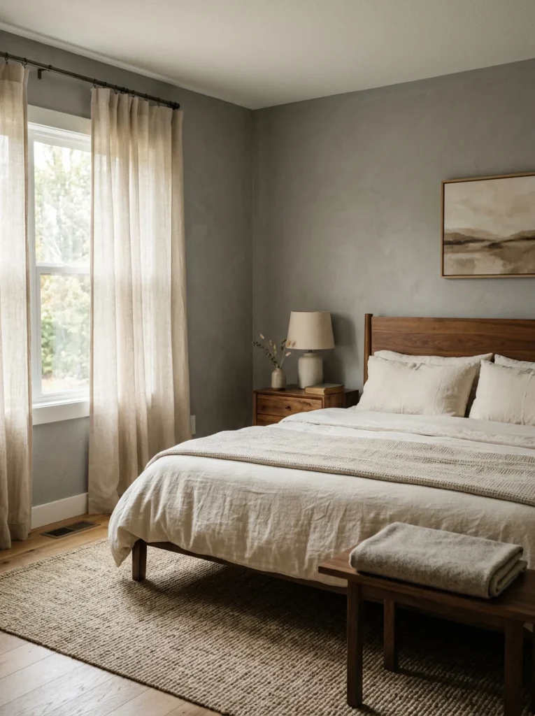 Warm stone gray bedroom with natural textures.
