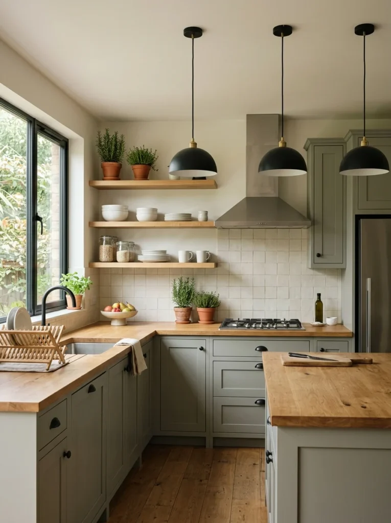 Sage green kitchen cabinets paired with natural wood and stainless steel appliances.