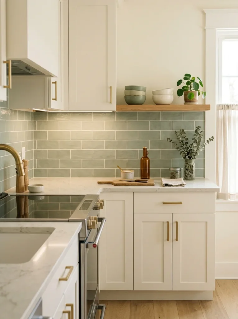 Sage green subway peel and stick backsplash with brass kitchen hardware. 