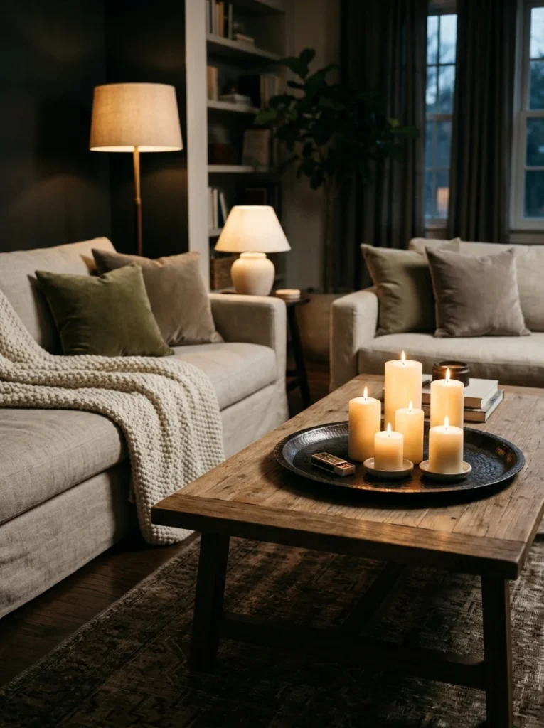 Cream fabric lampshade creating a soft warm glow beside a reading chair.