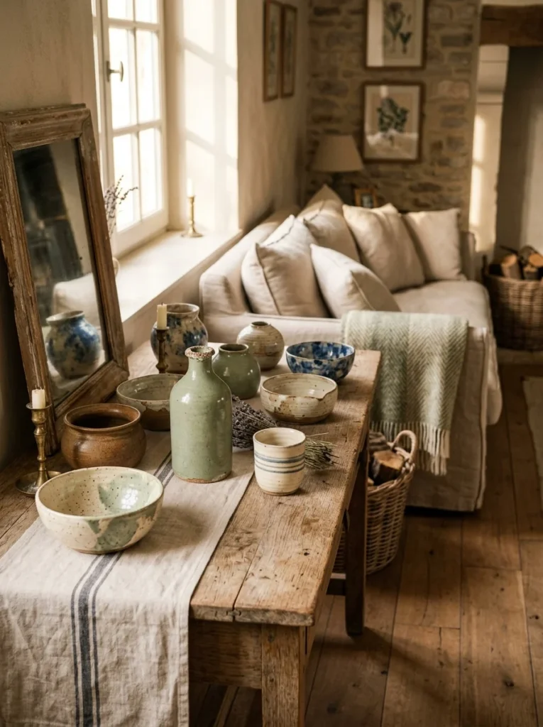 Handmade ceramic decor with imperfect glazes in a French country living room.