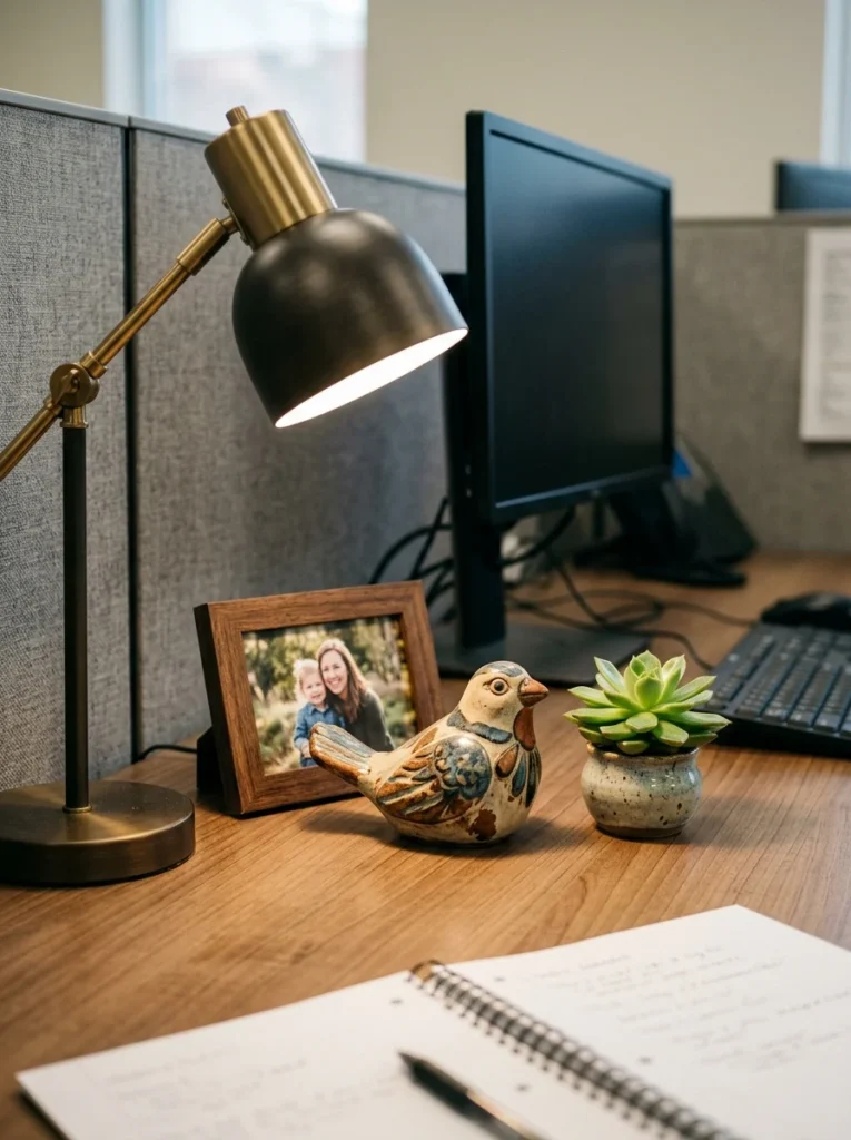 Small meaningful ceramic decorative object adding personal character to an office cubicle desk.