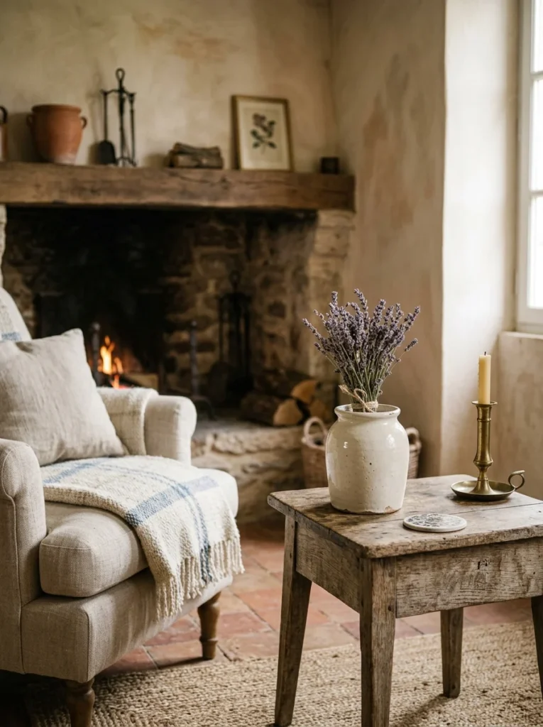 ed lavender in a ceramic vase adding a subtle French country accent.