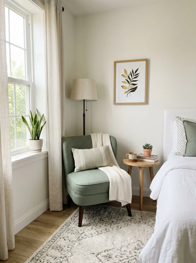 Compact armless slipper chair adding stylish seating to a small room.