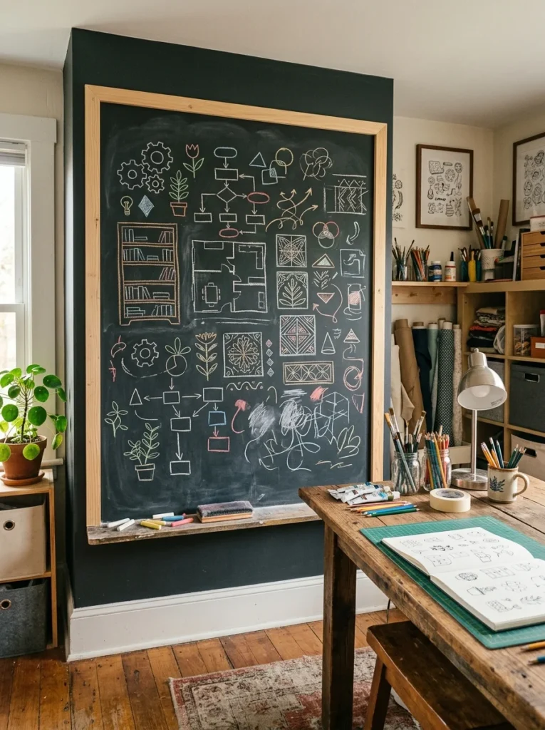 Framed chalkboard wall used for project sketches and creative planning in a hobby room.