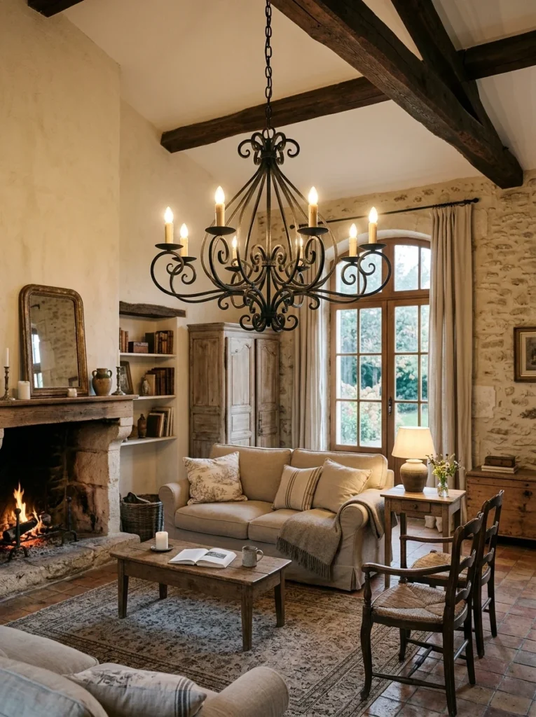 Wrought iron chandelier adding old-world character to a French country living room.