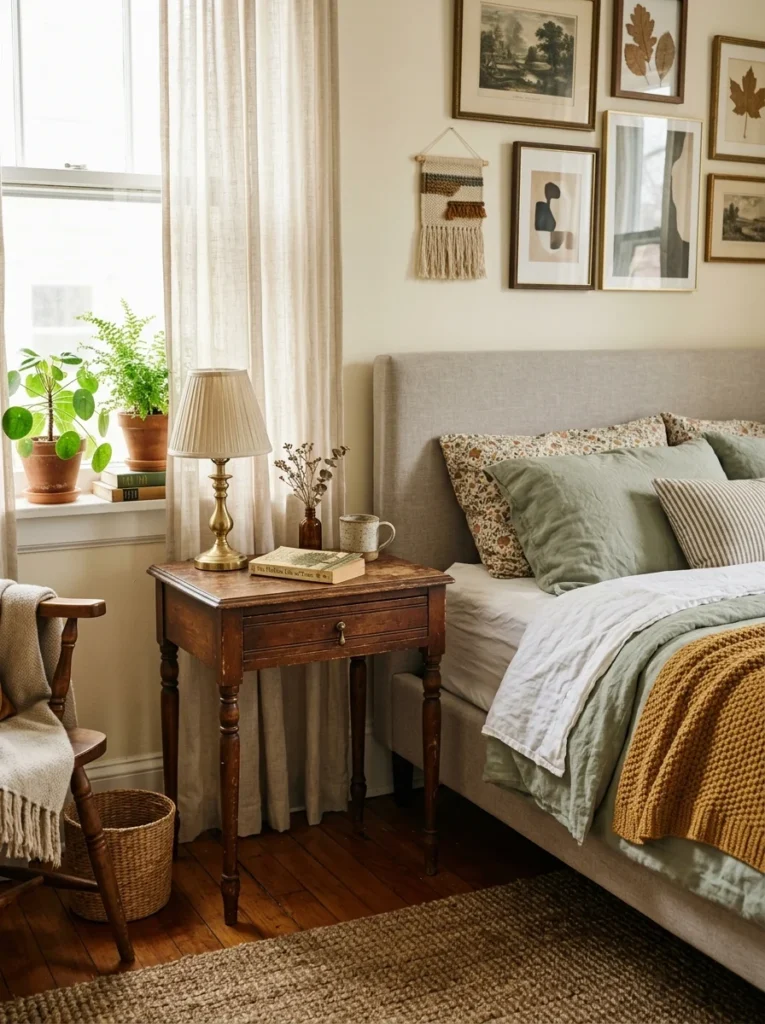 Vintage sewing table creatively repurposed as a unique bedroom nightstand.