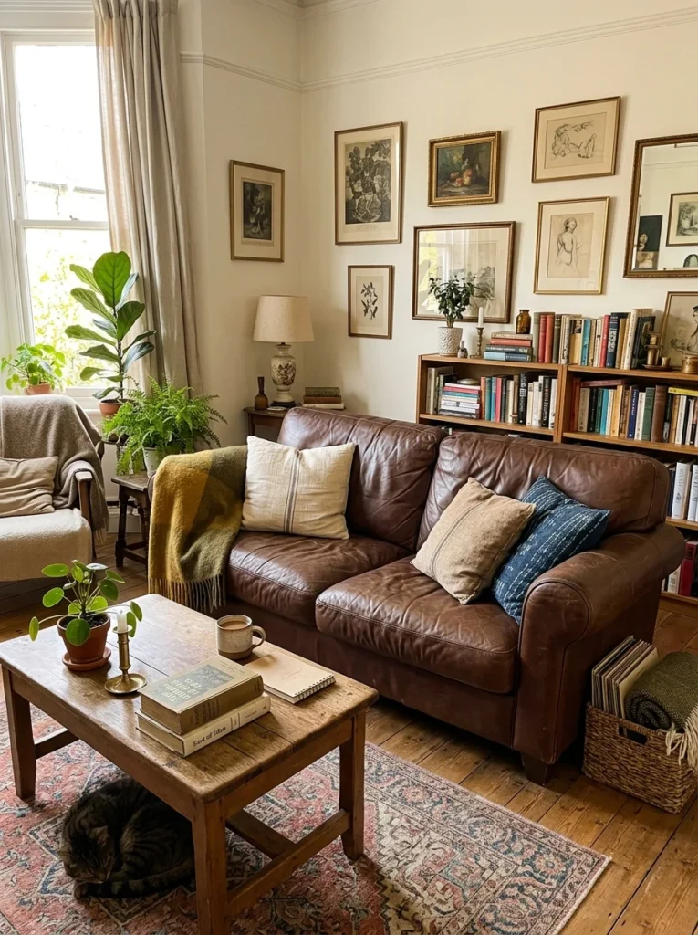 Slightly worn leather sofa with natural patina in a cozy living room.