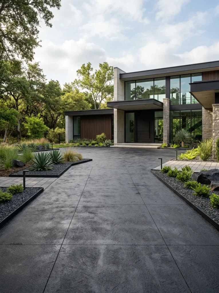 Decorative charcoal driveway coating enhancing curb appeal.