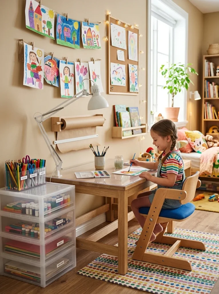 Dedicated craft and art corner in a children's bedroom.