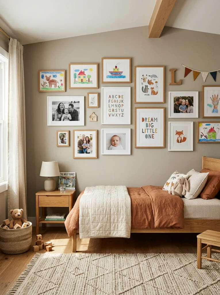 Kids bedroom gallery wall with interchangeable artwork and family photos.