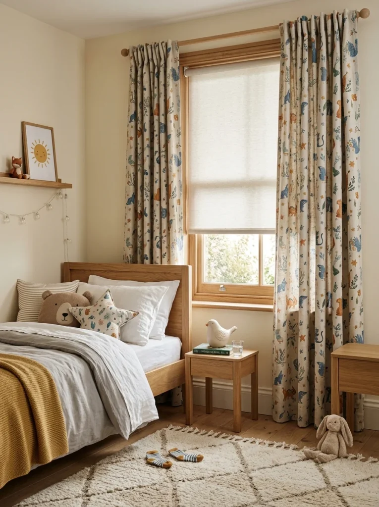 Kids bedroom window with blackout blind and decorative curtains.