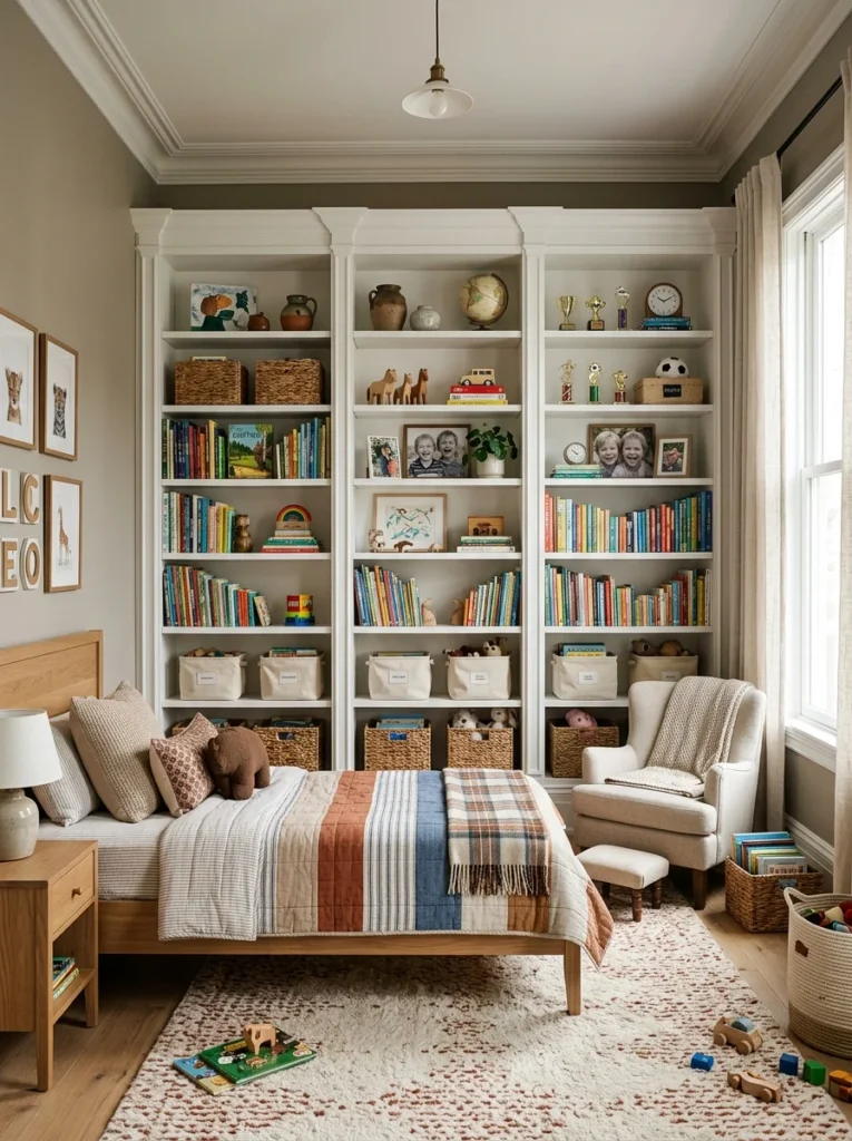 Floor-to-ceiling bookshelves providing flexible storage in a kids room.