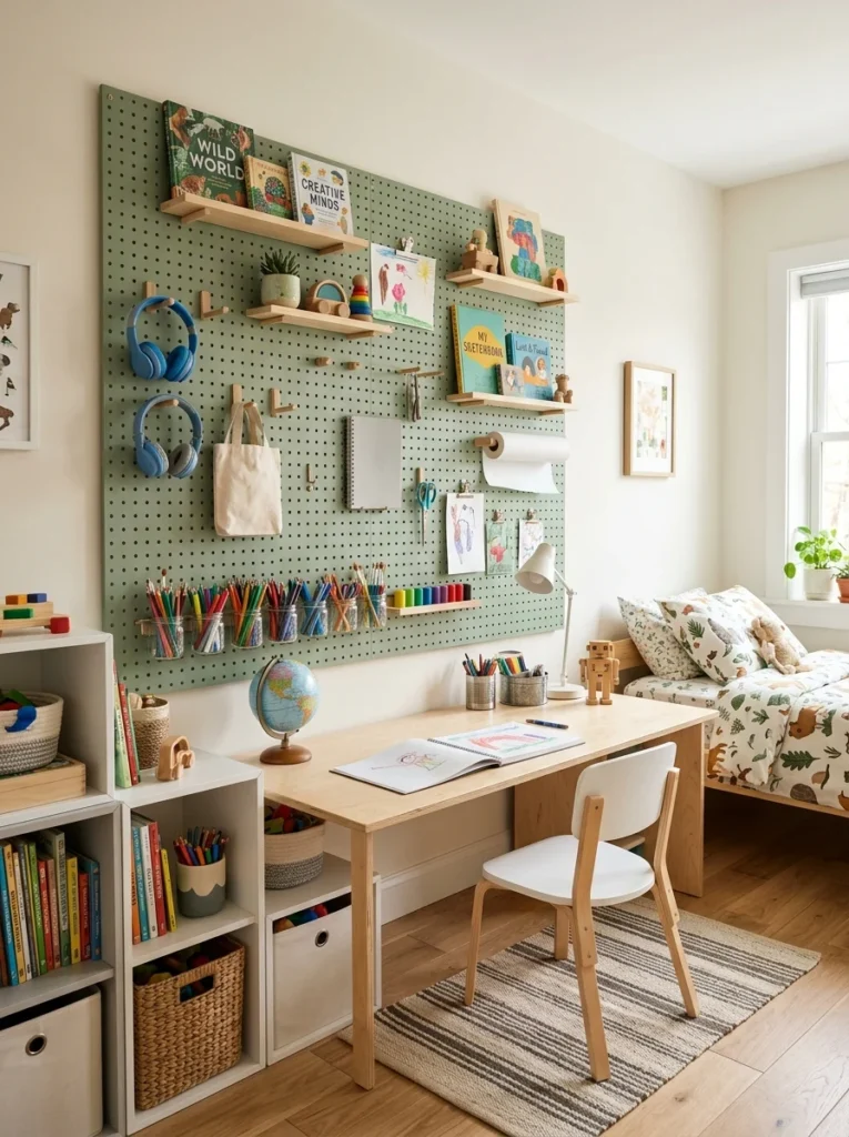 Pegboard wall providing flexible storage in a kids bedroom.