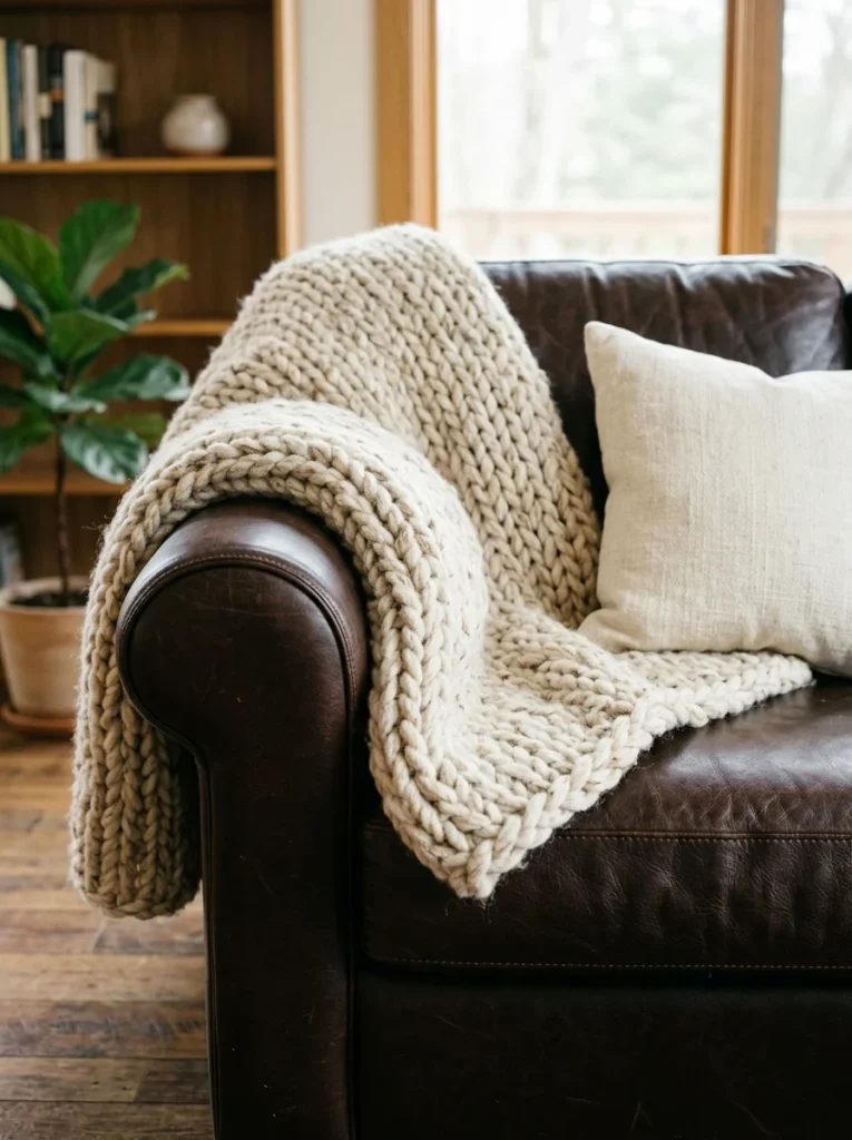 Chunky oatmeal knit throw adding texture to a dark brown leather couch.