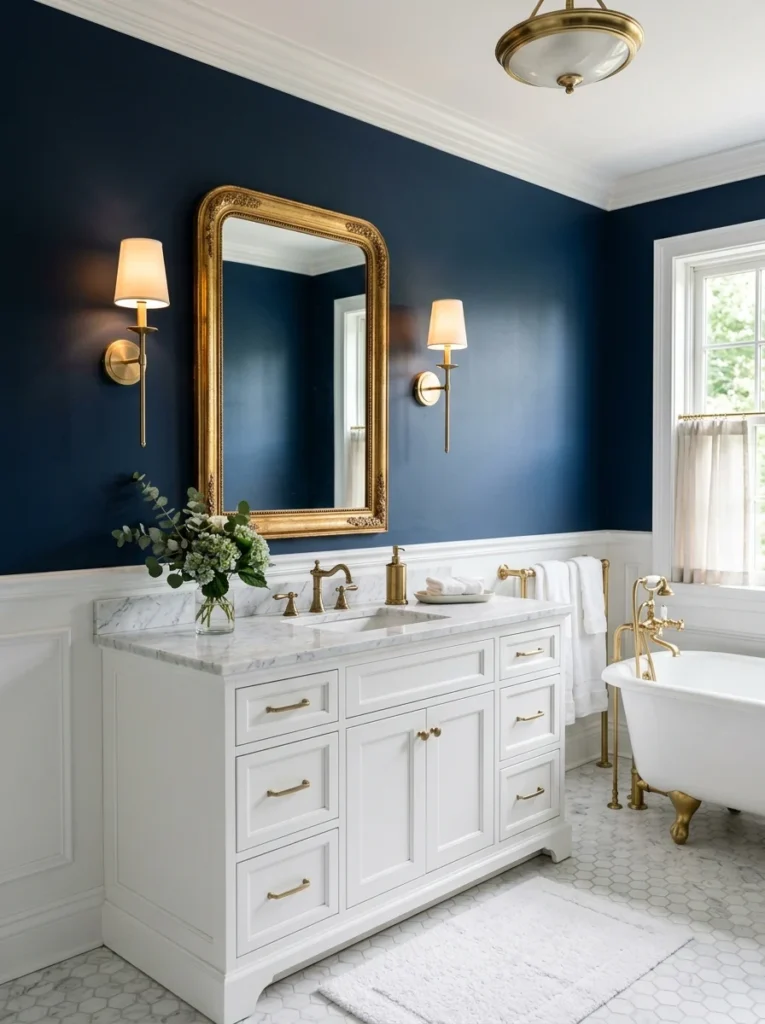 bathroom with gold accents and white vanity.
