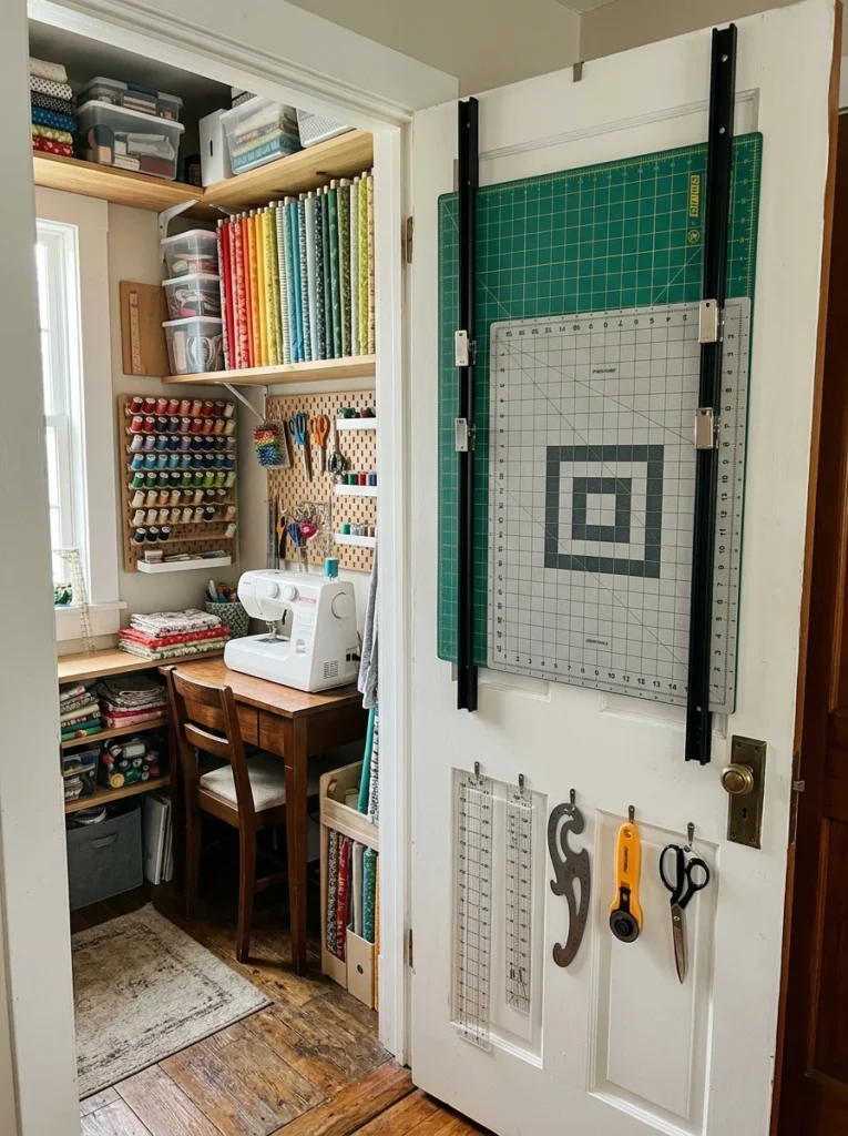 Cutting mats stored vertically in a slim rack behind a sewing room door.