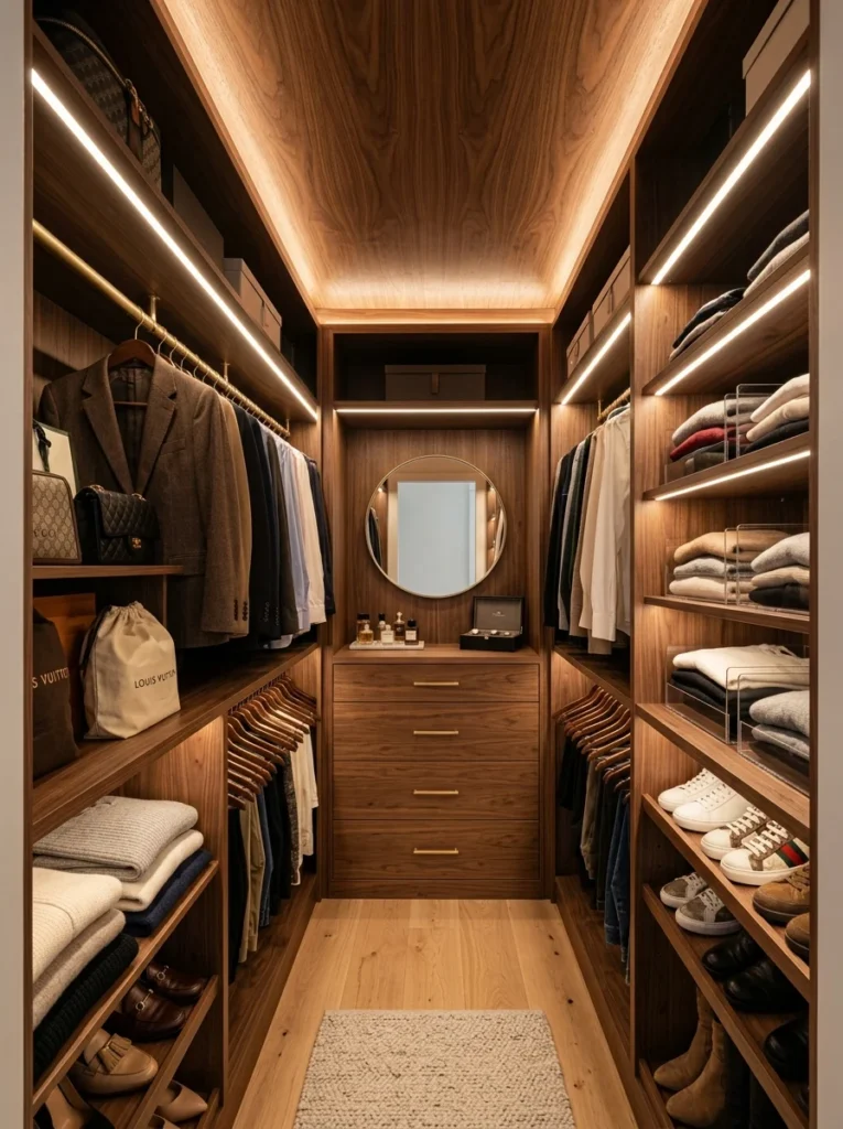 Peel-and-stick wood veneer ceiling in a closet.