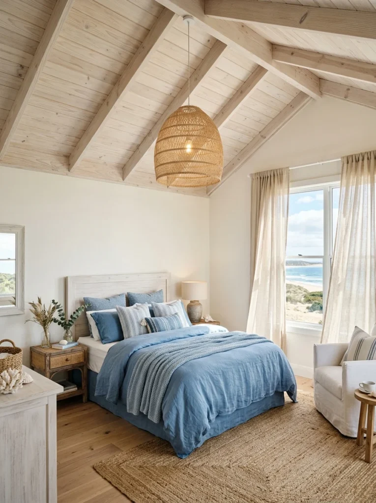 Whitewashed wood ceiling creating a bright coastal bedroom.