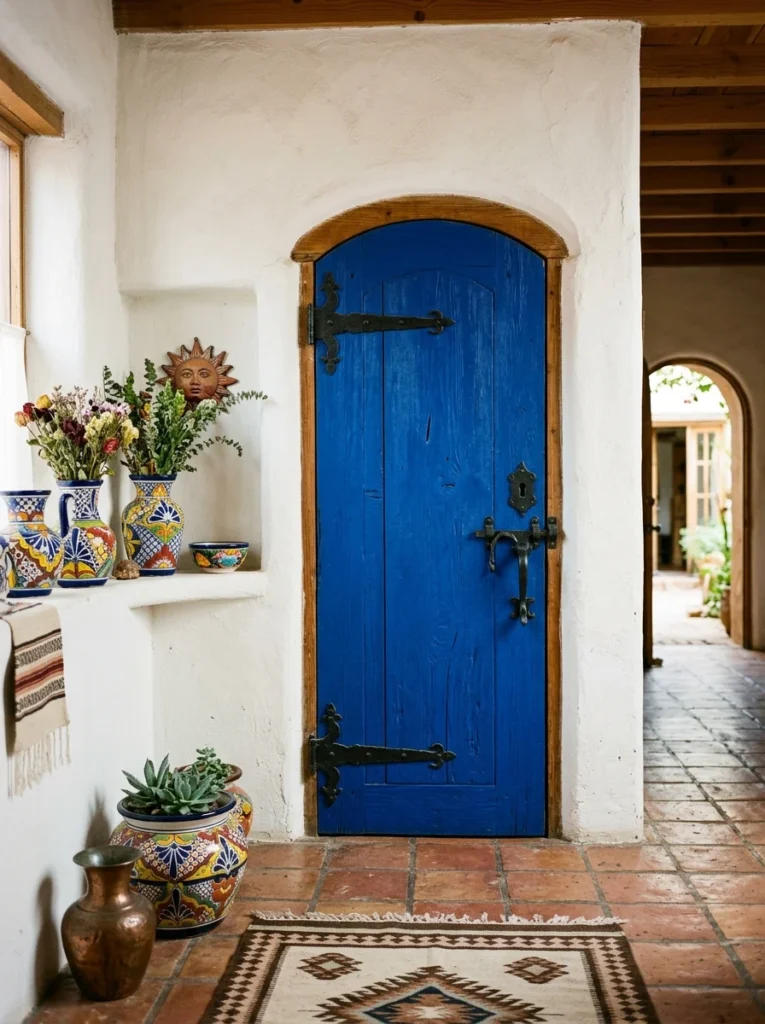 Vibrant cobalt blue painted interior door.