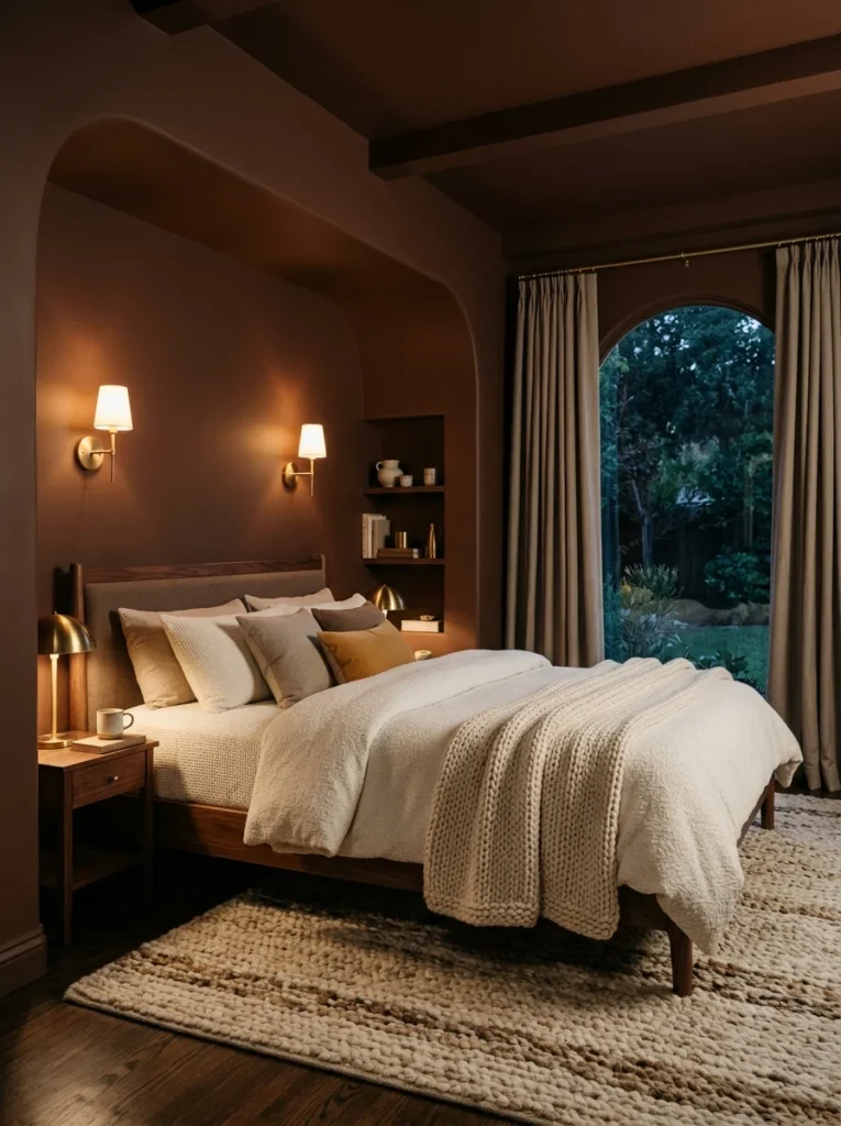: Deep clay brown bedroom creating a cozy cocoon-like atmosphere.