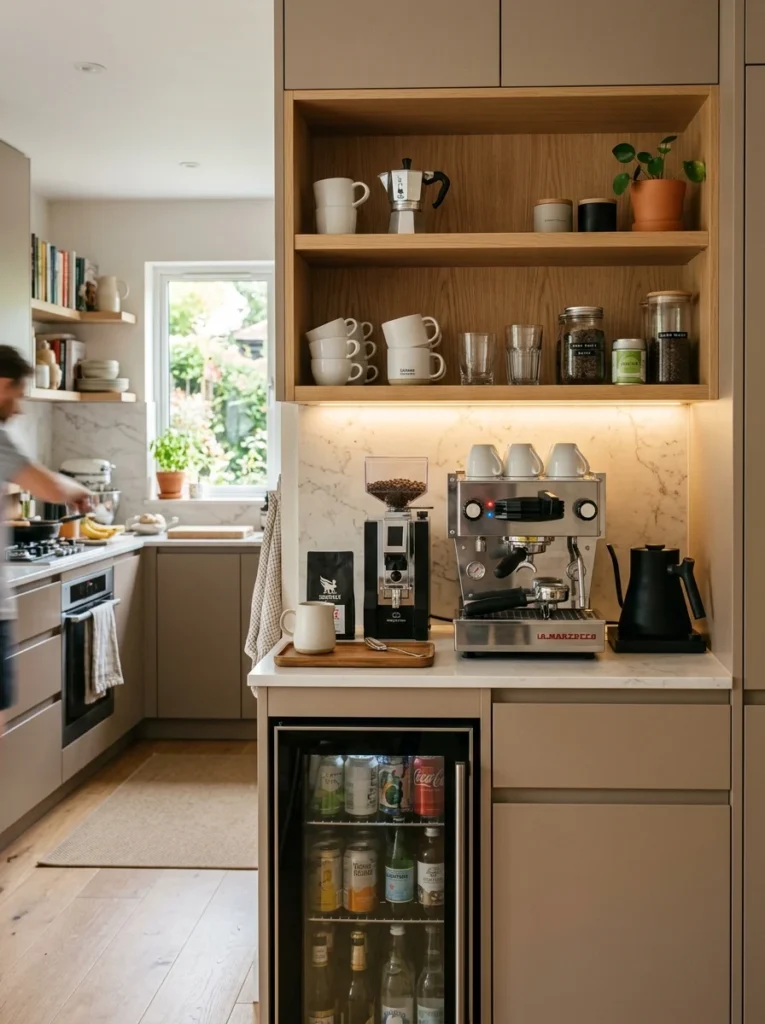Dedicated coffee and drinks station in a modern open kitchen.