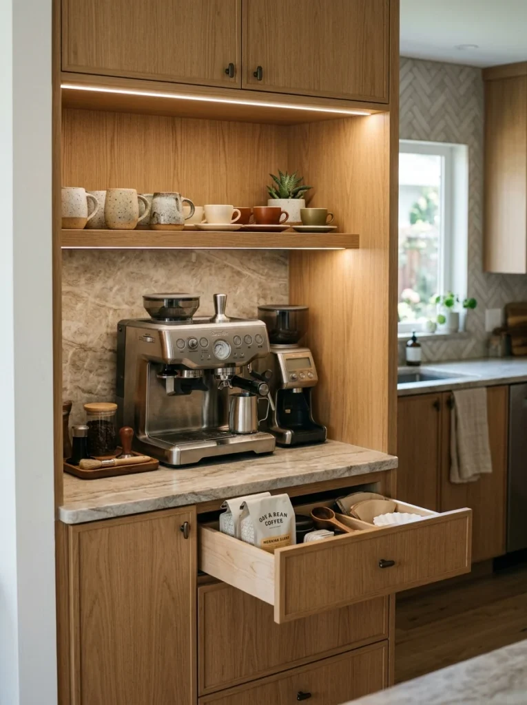 Dedicated kitchen coffee station with organized storage and open shelving.