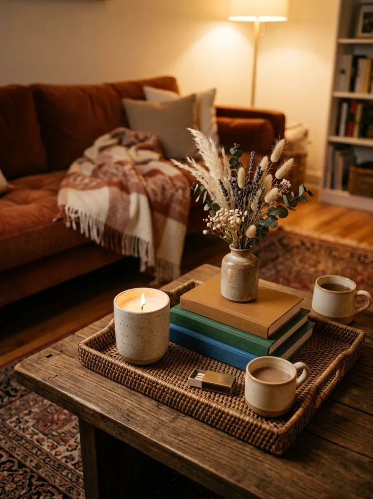 Seasonal candle creating a cozy home atmosphere.