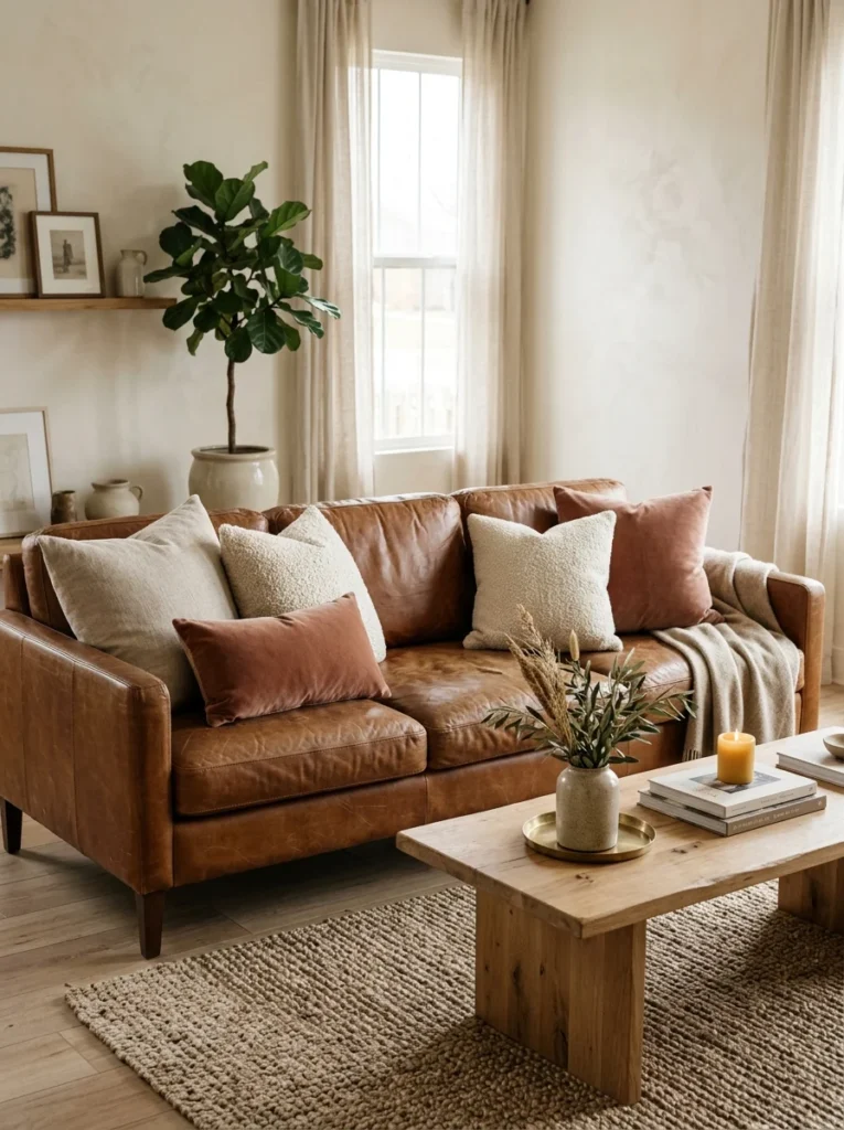 Leather sofa decorated with linen, boucle, and velvet pillows.