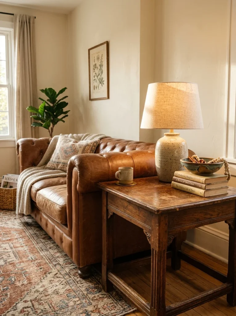 Leather sofa paired with a vintage wooden side table.
