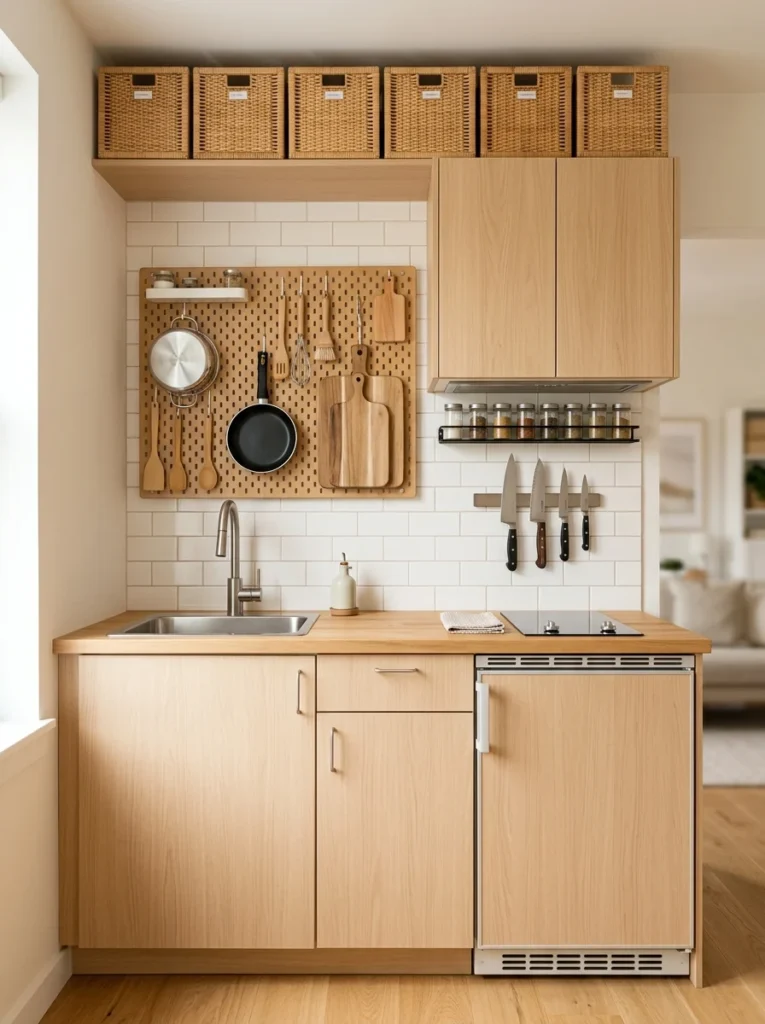 Small apartment kitchen with pegboard, spice rail, magnetic knife strip, and vertical storage.
