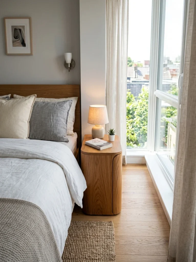 Rounded-edge bedside table providing safer furniture placement in a small bedroom.