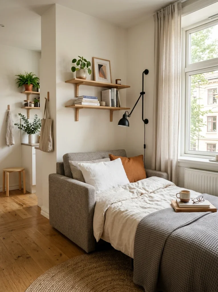 Compact sleeper chair converting into a twin-size guest bed.