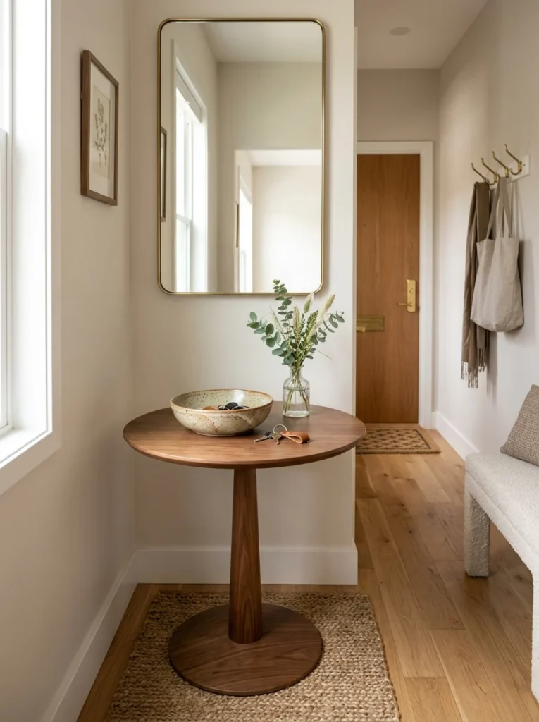 Compact round pedestal table providing a practical surface in a small entryway.