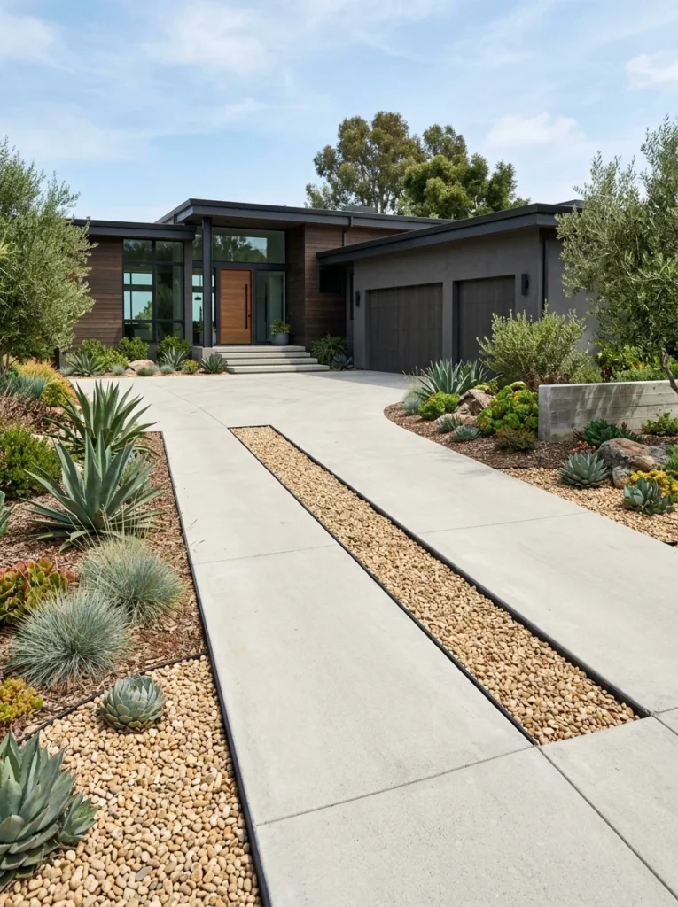 Decorative gravel borders beside a driveway.